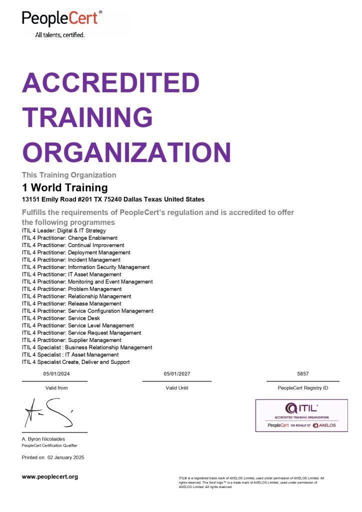 5857 1 World Training ITIL ATO TestCentre Certificate page 0001