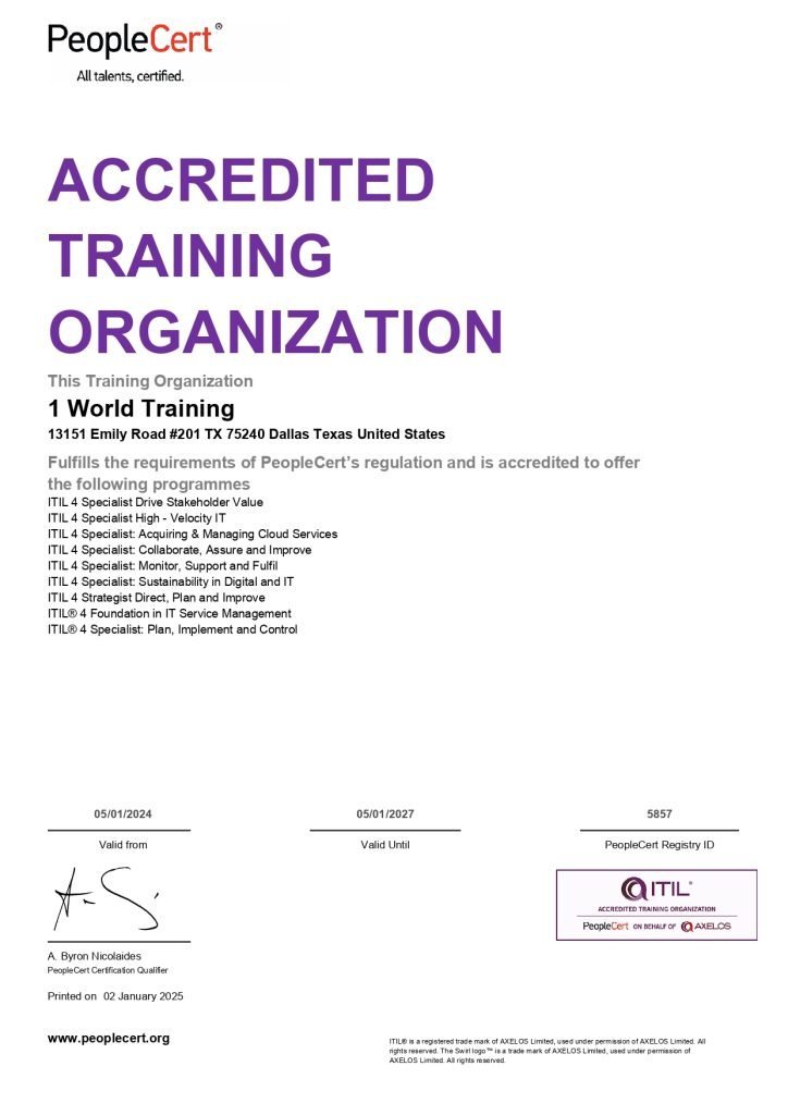 5857 1 World Training ITIL ATO TestCentre Certificate page 0002