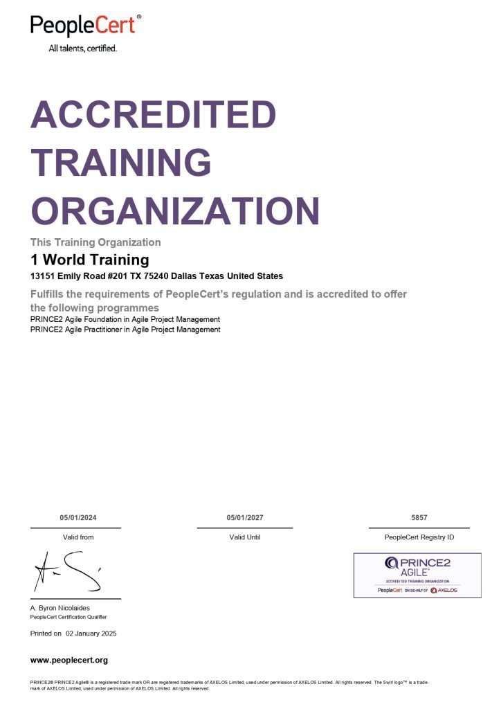 5857 1 World Training PRINCE2 Agile ATO TestCentre Certificate page 0001