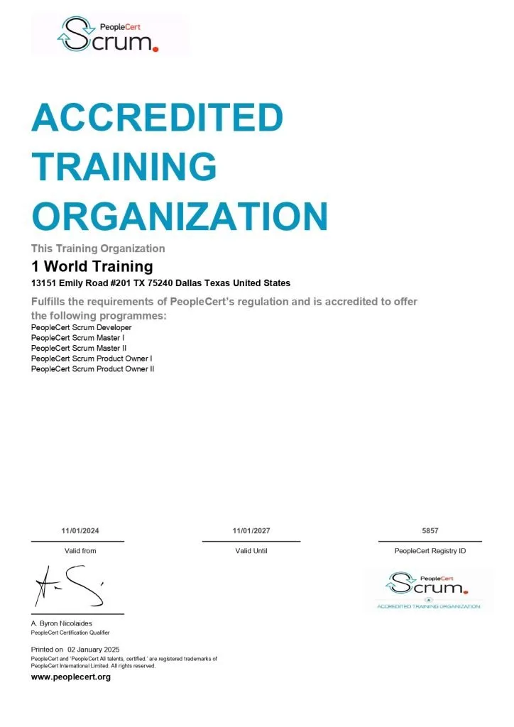 PeopleCert Scrum Authorized Approved Examination Organization 3 5857 1 World Training PeopleCert SCRUM ATO TestCentre Certificate page 0001 1